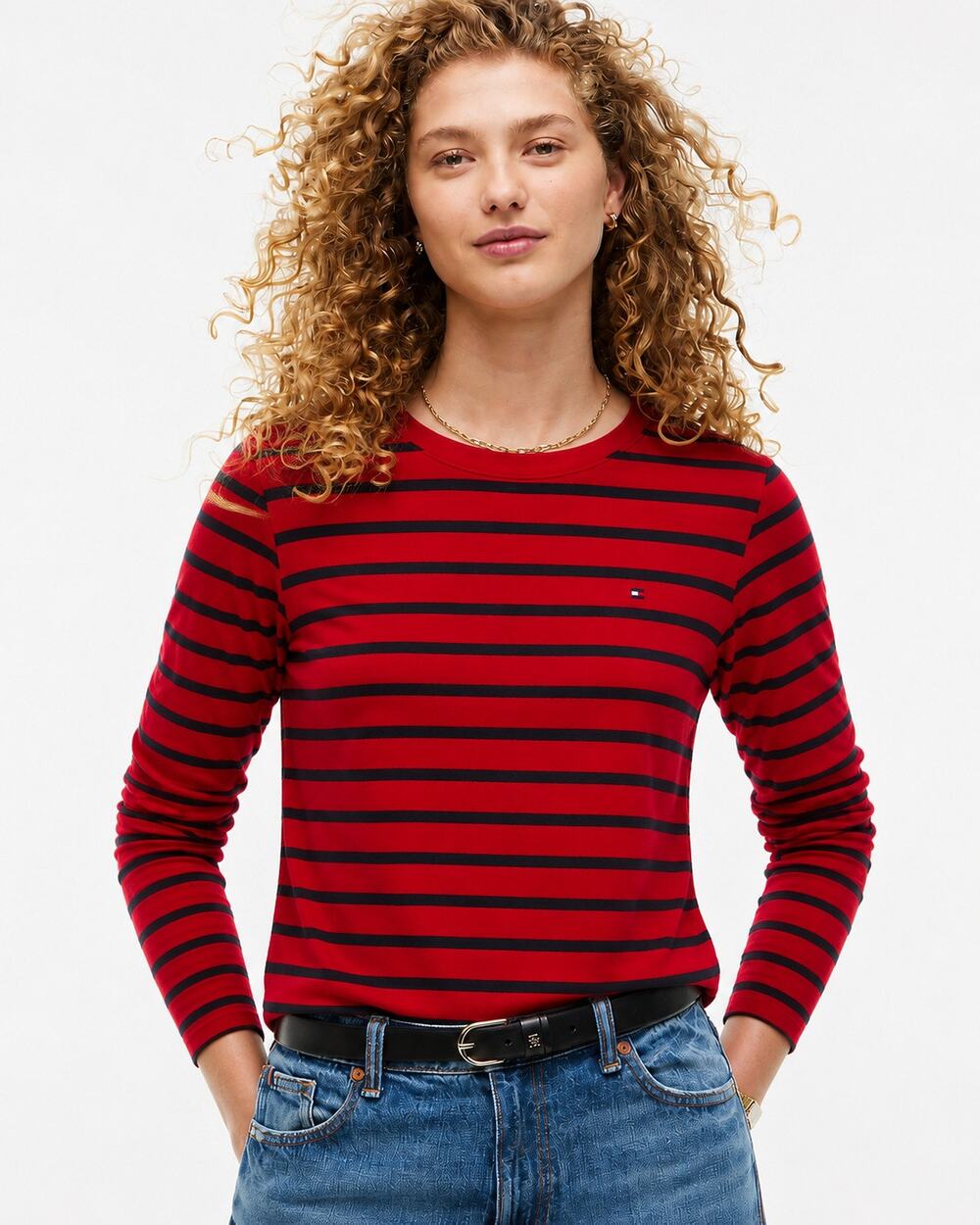 Tommy Hilfiger Red Black Striped Long Sleeve Top Crewneck Cotton Women's M Chic